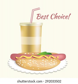Paper cup with beverage and hotdog vector illustration. Best choice