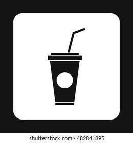 Paper cup for beverages with lid and straw icon in simple style on a white background vector illustration