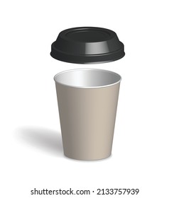 Paper cup. Cardboard craft drink glass with open plastic lid. Coffee latte espresso empty mug. Vector illustration recycle disposable container stock image