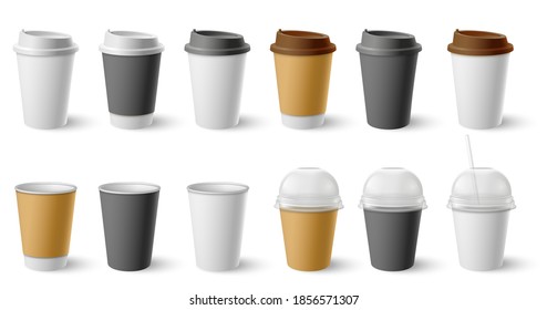 Paper cup. Cardboard cups with cap and mugs for hot coffee and tea. Realistic black, white, brown cafe drinks eco packages mockup vector set. Container drink for cafe, coffee or tea hot illustration