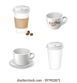 Paper cup and classic cup for your design and branding. Vector. Realistic cups with label and holder. Coffee to go.