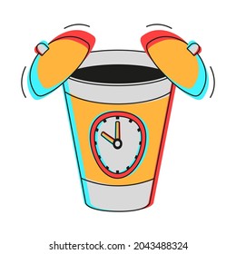 A paper cup with coffee is an alarm clock. The paper cup with a clock suggests making coffee break.