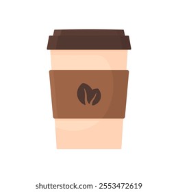 Paper Cup with coffee in cartoon style on a white background. Standard symbol of coffee shops, rest, breakfast, fatigue.