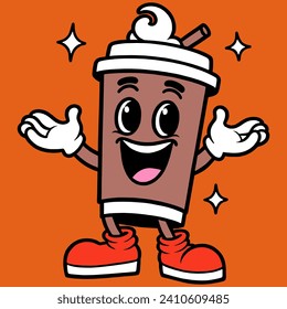 Paper cup of coffee character, retro cartoon mascot character isolated on white background. Trendy in nostalgic style.Vector illustration.