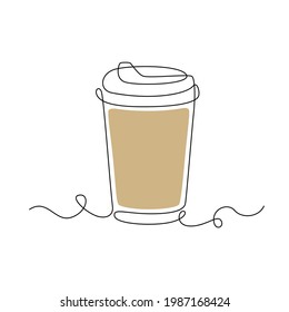 Paper cup of coffee in Continuous line drawing. Concept of hot drink to go in lineart style. Editable stroke. Simple Vector illustration