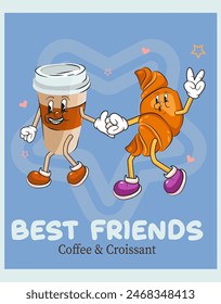 Paper cup of coffee and croissant characters. trendy retro style. Banner signboard, restaurant, bar, cafe menu. Comic mascots coffee and croissant. Vector illustration, eps10