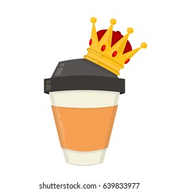 Paper cup of coffee with crown. Vector flat cartoon illustration icon. Isolated on white background. Big coffee, cafe concept