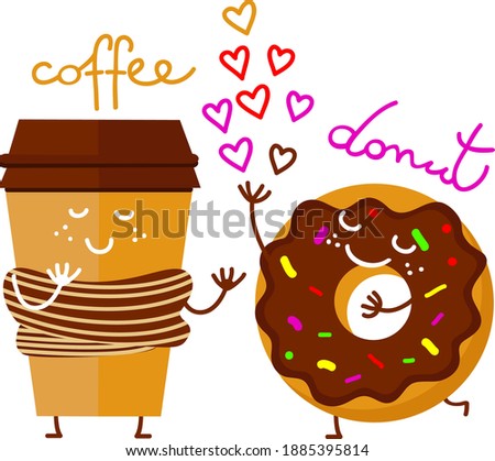 Paper cup of coffee and donut. Cute cartoon characters in love. Funny food and hot drink with  smiling faces. Vector illustration isolated on white. Could be used for valentines day, party, posters