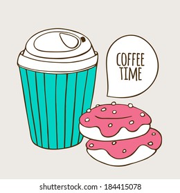 Paper cup of coffee and donuts. Cute doodle illustration