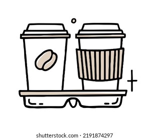 Paper cup of coffee doodle Clipart in black and beige Vector illustration in hand drawn style