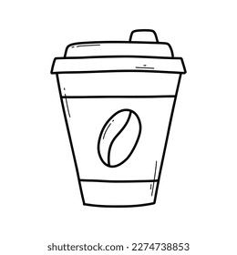 Paper cup with coffee in doodle style. Vector illustration. Mug with coffee, tea, cocoa, cappuccino, latte. Isolated cup with coffee in a linear style. Logo for a coffee shop.