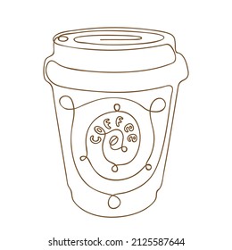 Paper Cup of coffee. Coffee drink in line drawing. Coffee to go concept, for fast food cafe design. Vector