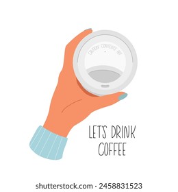 Paper cup of coffee in female hand.  Coffee break time

