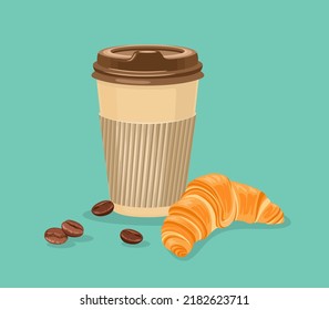 Paper cup with coffee and fresh and croissant isolated. Takeaway food. Breakfast of sweet pastry and  hot drink. Vector cartoon illustration.