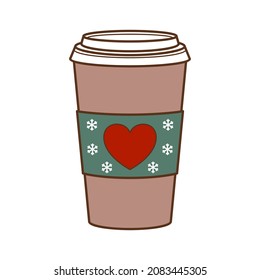 A paper cup for coffee to go. A glass with a heart and snowflakes for the seasonal menu. Vector illustration isolated on white background