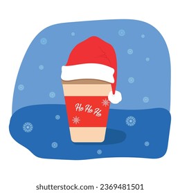 A paper cup for coffee to go. A coffee glass with the inscription Ho-Ho-Ho and a Santa Claus hat, with snowflakes for the seasonal menu. Vector illustration of a colored background with snowflakes.