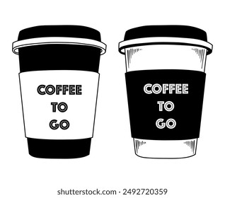 Paper cup of coffee, coffee to go hand drawn vector set, line drawing illustration