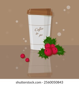 Paper cup with coffee to go. Parer cup. Hot drink. Drink. Winter. Winter berry .Images. Illustration. Design. Print. Coffee. Cafe.  