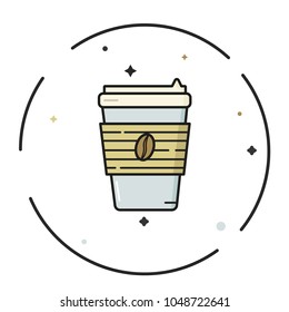 Paper cup coffee to go. Take away hot drink. Modern flat line style vector illustration icons. 
Isolated on white background. Close up take-out fresh coffee cup logo with brown bean. 