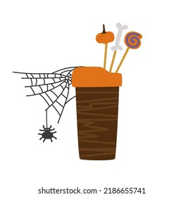 A paper cup of coffee for Halloween with lollipops and cobwebs. Vector thematic illustration isolated for falling design and decor.