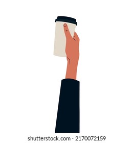 Paper cup of coffee. Hand holding white paper cup. Vector illustration of coffee to go. 