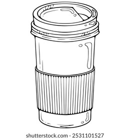 Paper cup of coffee with holder take away. Close up vector illustration in hand drawn sketch doodle style. Line art isolated on white for coloring book, print