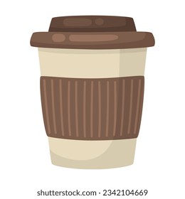 Paper cup with coffee or hot drink illustration. Cup with lid for coffee, latte or cappuccino isolated on white background. Beverage, coffee shop or break concept