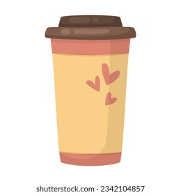 Paper cup with coffee or hot drink vector illustration. Cup with lid for coffee, latte or cappuccino isolated on white background. Beverage, coffee shop or break concept