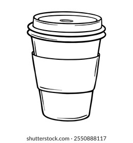 Taza de papel para el café. Café para llevar bebida caliente. Café para ir delineando dibujo pintado con tintas negras. Ilustración vectorial dibujada a mano en blanco. Imagen de contorno monocromo. Decoración para menús