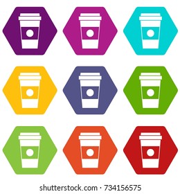 Paper cup of coffee icon set many color hexahedron isolated on white vector illustration