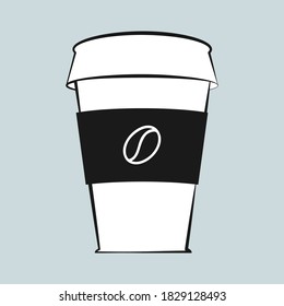 Paper cup of coffee icon, take away mug, flat sketch graphic brush line style, white fill, for web design projects. Coffee bean symbol. Grey color background. Vector illustration 