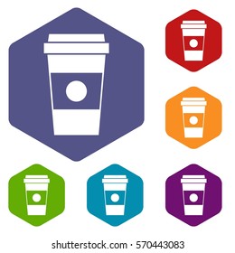 Paper cup of coffee icons set rhombus in different colors isolated on white background
