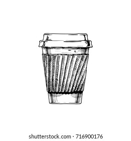 Paper cup with coffee lid. Vector illustration in vintage engraved style. isolated on white background.