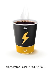 Paper cup of coffee like a battery. Metaphor coffee is power for people. Creative vector 3d illustration