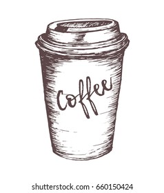 A paper cup of coffee. Linear graphics. Vector illustration.
