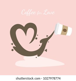 Paper cup coffee love, Splash  is the heart-shaped vector. Pink background.