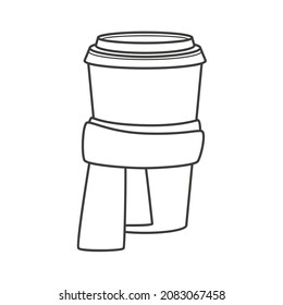 Paper cup for coffee in a scarf. Coffee to go for the winter menu. Vector linear illustration isolated on white background
