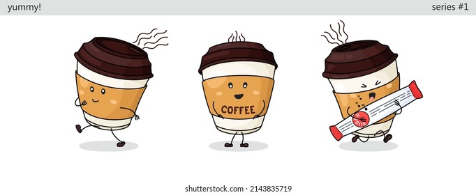 Paper cup with coffee. Set of cute kawaii characters. Funny cartoon fast food icons in different situations. Vector comic style illustration