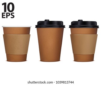 Paper cup of coffee, set. Vector 3d illustration. Isolated on white.