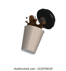 Paper cup coffee splash. Cardboard craft drink glass with open plastic lid. Coffee latte espresso spilled mug. Vector illustration recycle disposable tea container stock image