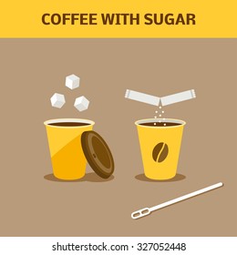 Paper cup of coffee with sugar. Cartoon vector illustration.