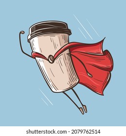 paper cup with coffee super hero with a raincoat. hand drawing engraving