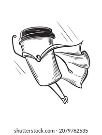 paper cup with coffee super hero flies with a raincoat. hand drawing engraving