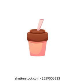 Paper cup with coffee, tea or cocoa. Hot drink with a lid and a straw. Latte or cappuccino. Takeaway. Hand drawn. Cartoon style. Vector illustration isolated on white background.