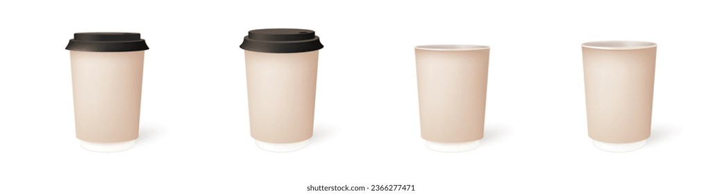 Paper cup for coffee and tea vector realistic set. Hot drink cup mockup illustration. 