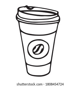 Paper cup.  A cup of coffee.  There is a coffee bean on the glass.  The illustration is drawn by a contour on a white background.  Decoration for menus and signs.