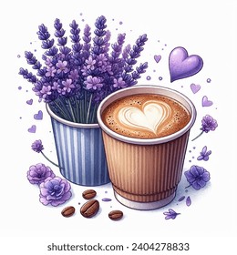 Paper cup of coffee with violet heart and lavender, hand draw illustration clip art on white background. Advertising coffee for Valentine’s Day.