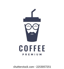 paper cup coffee warm hot taste bearded man smart sunglasses logo design vector icon illustration template