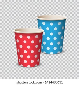 Paper Cup color with polka dot for beverages. Vector elements isolated on a transparent background. Red, blue paper cup for party. - Vector 