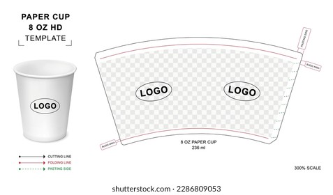 Paper cup die cut template for 8 oz HD
